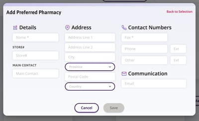 Add Preferred Pharmacy window where a user will input the data. The Name and Fax number have an asterix indicating they are required.