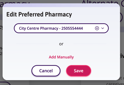 The Edit Preferred Pharmacy window where you can select the x to choose a different pharmacy, or click Add Manually to create a new pharmacy.