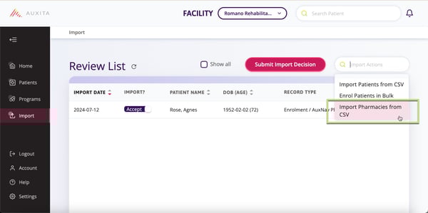 Import Pharmacies from CSV is noted in this screenshot