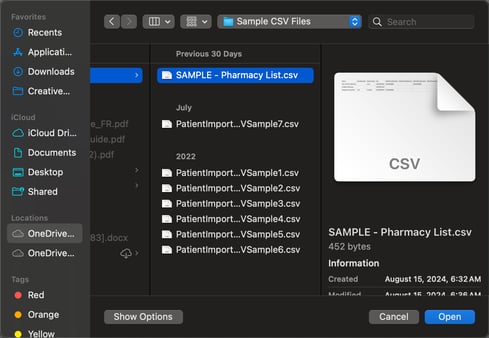 Sample of browsing to select a CSV file is shown in this screenshot.