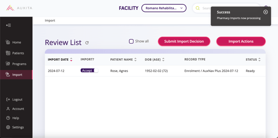 Success dialogue box is displayed in the top right corner.