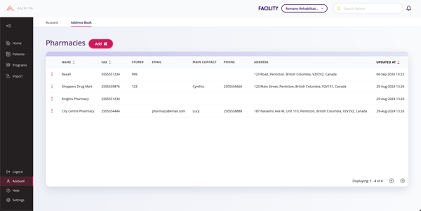 Address book tab with add pharmacy option is displayed here.