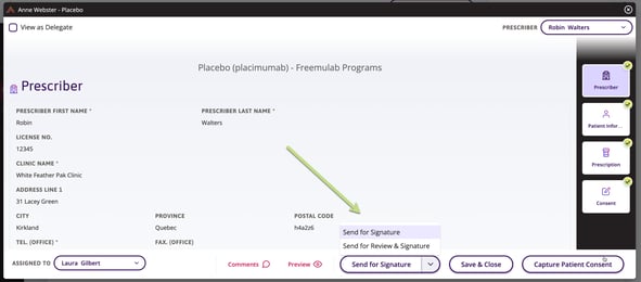 Enrolment page with options to select Send for Signature or Send for Review & Signature.