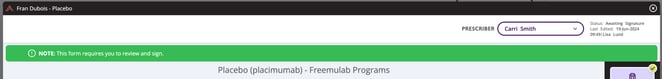 Enrollment page displaying a green banner with the message: "This form requires your review and signature.