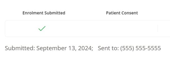 The patient enrolment card with a green checkmark box indicates if the enrolment was submitted. Underneath displays the submitted date and fax number it was sent to.