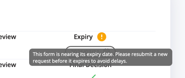 A warning message indicates the form is nearing its expiration date and advises submitting a new request to avoid delays.