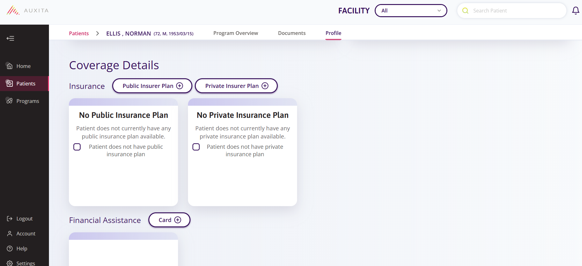 Patients section insurance plan options to add to 