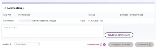 Le motif du retrait et le commentaire s'affichent au bas du formulaire supplémentaire. 