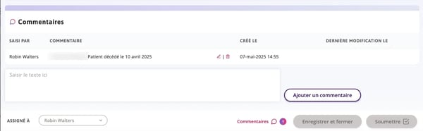 Le motif du retrait et le commentaire s'affichent au bas du formulaire supplémentaire.