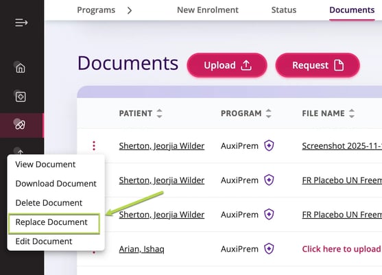 Replace Document option is displayed from the ellipses