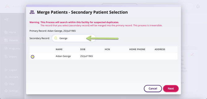 An arrow is pointing to the secondary patient area of the screen.