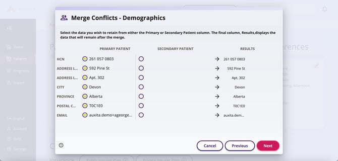 The image displays the demographics of the 2 patients prior to merging.