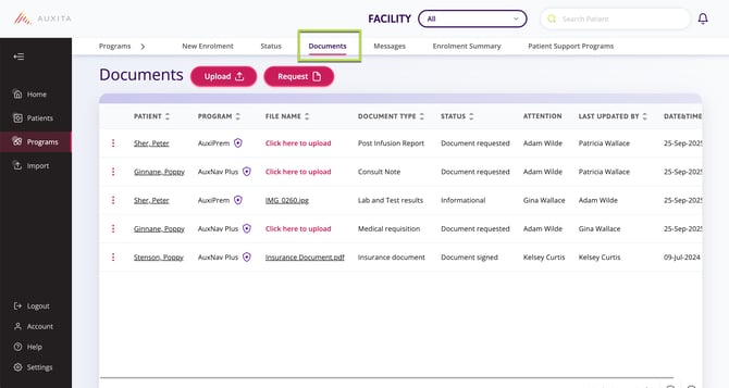 Documents section from toggling the documents tab on the top of the programs section.