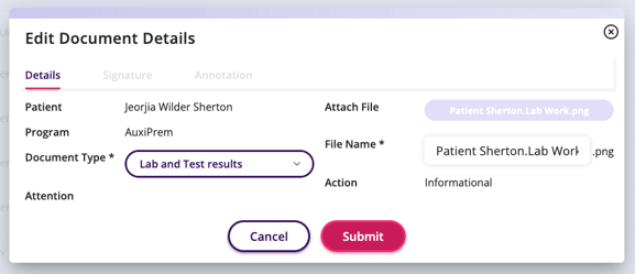 once the edit document is selected, a popup appears that will allow changes to be made to the Document Type and File Name