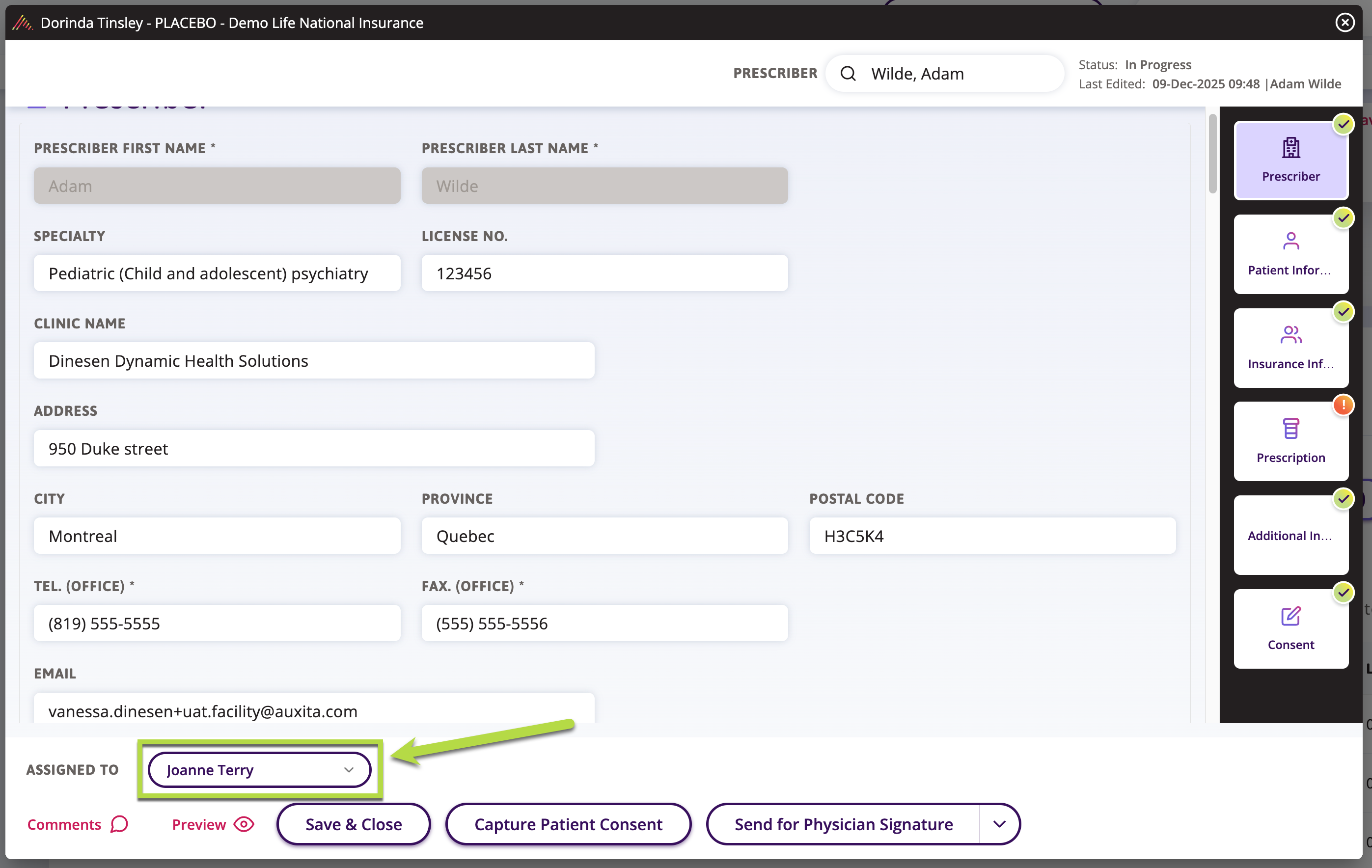 A screen shot indicating where the drop down for the assigned to section is on the form.