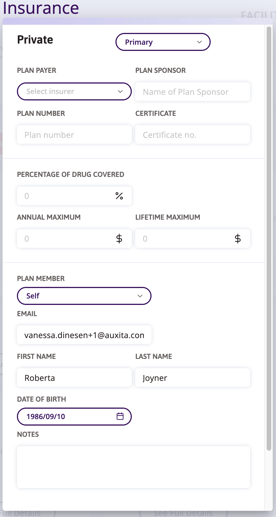 A screenshot of an insurance form labeled "Private" with fields for selecting insurer, plan details, and personal information like email and birth date.