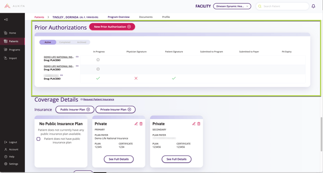 Prior Authorization section shown with a green box on how Find the patient in the main Search bar or open their profile from the Patients section.