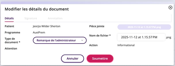 Une fois Modifier le document sélectionné, une fenêtre contextuelle s’affiche et permet de modifier le type de document ainsi que le nom du fichier.