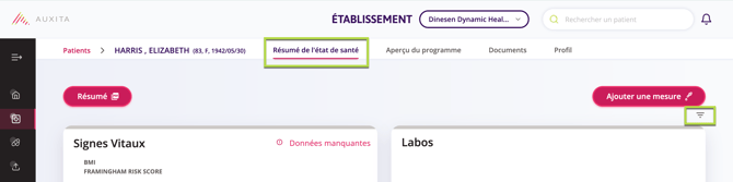 IMAGE D'UNE VUE D'ENSEMBLE DE LA SANTÉ AVEC UN BOUTON DE FILTRAGE MIS EN ÉVIDENCE PAR UN ENCADRÉ
