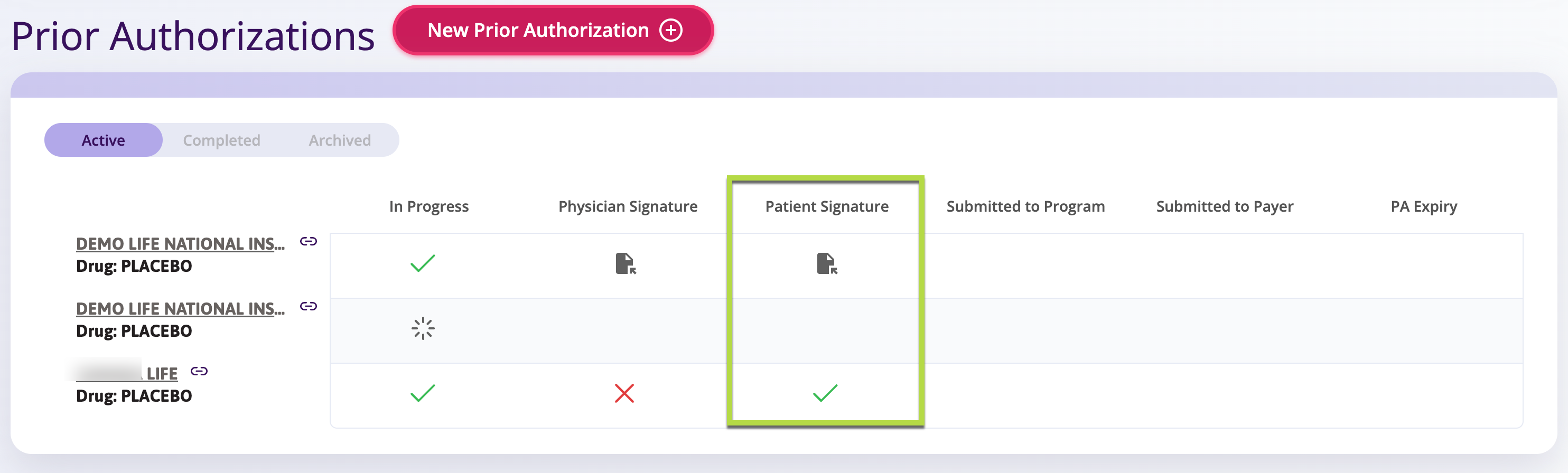 Prior authorization table with a check against Patient signature.