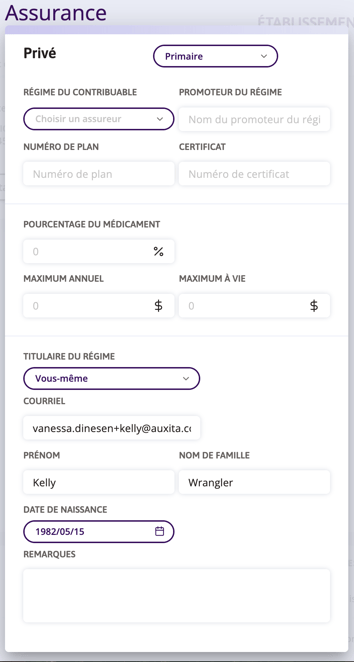 Capture d’écran d’un formulaire d’assurance intitulé « Privée » avec des champs pour sélectionner l’assureur, les détails du régime et des renseignements personnels comme l’adresse courriel et la date de naissance.