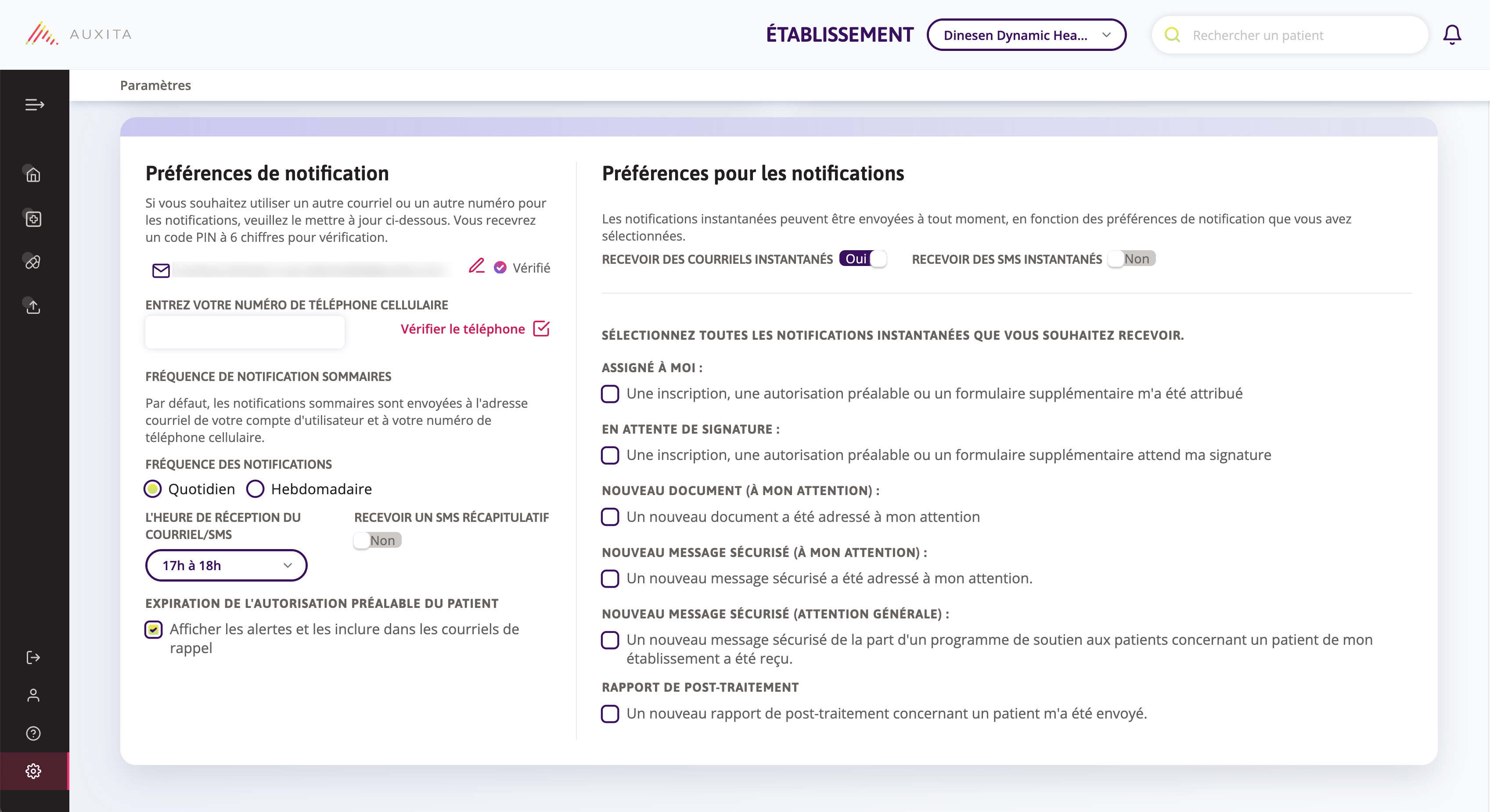 Préférences de notification dans les paramètres Auxitas.