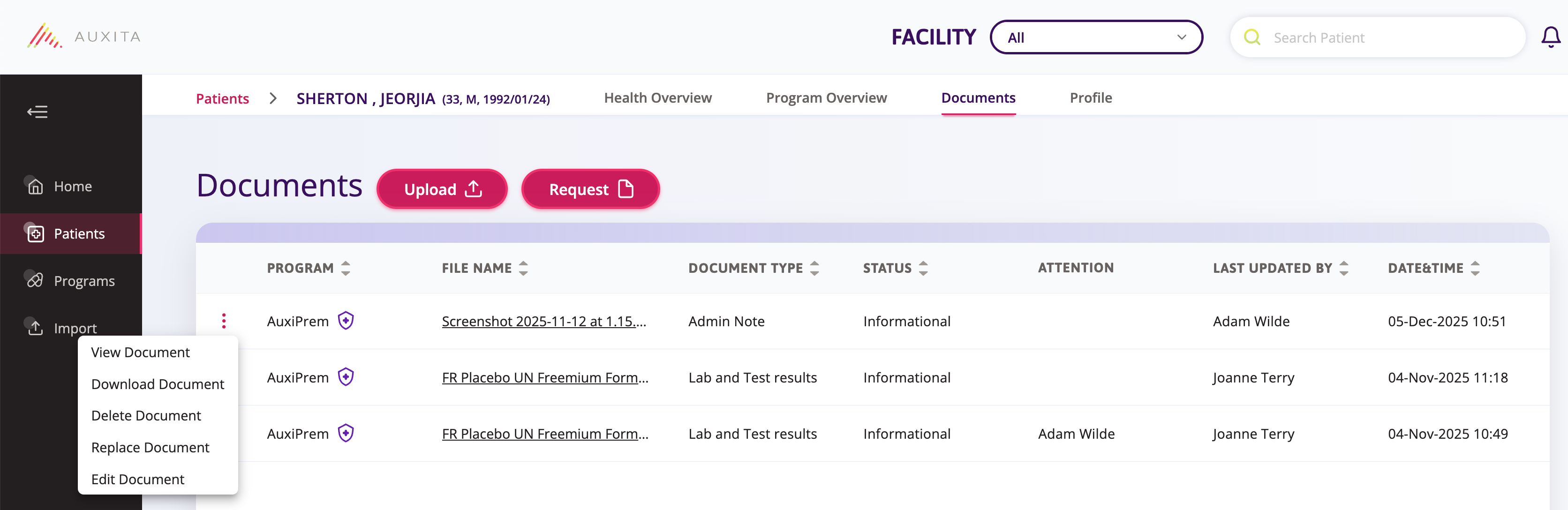 A screenshot of the patient profile showing documents