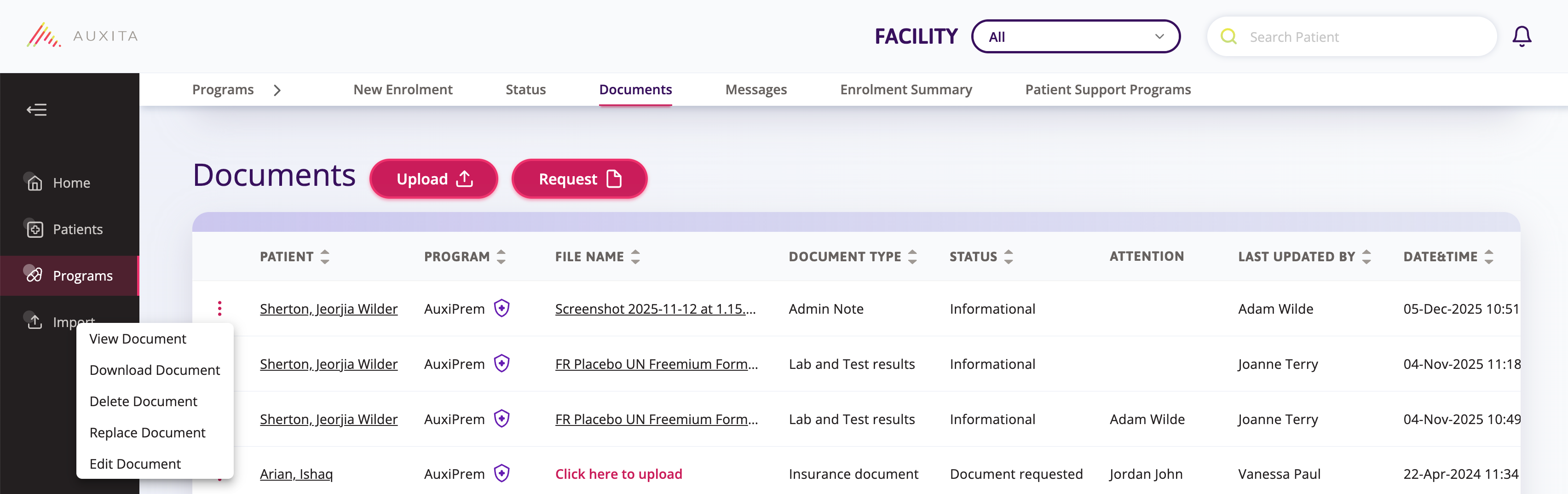 A screenshot of the programs page showing documents