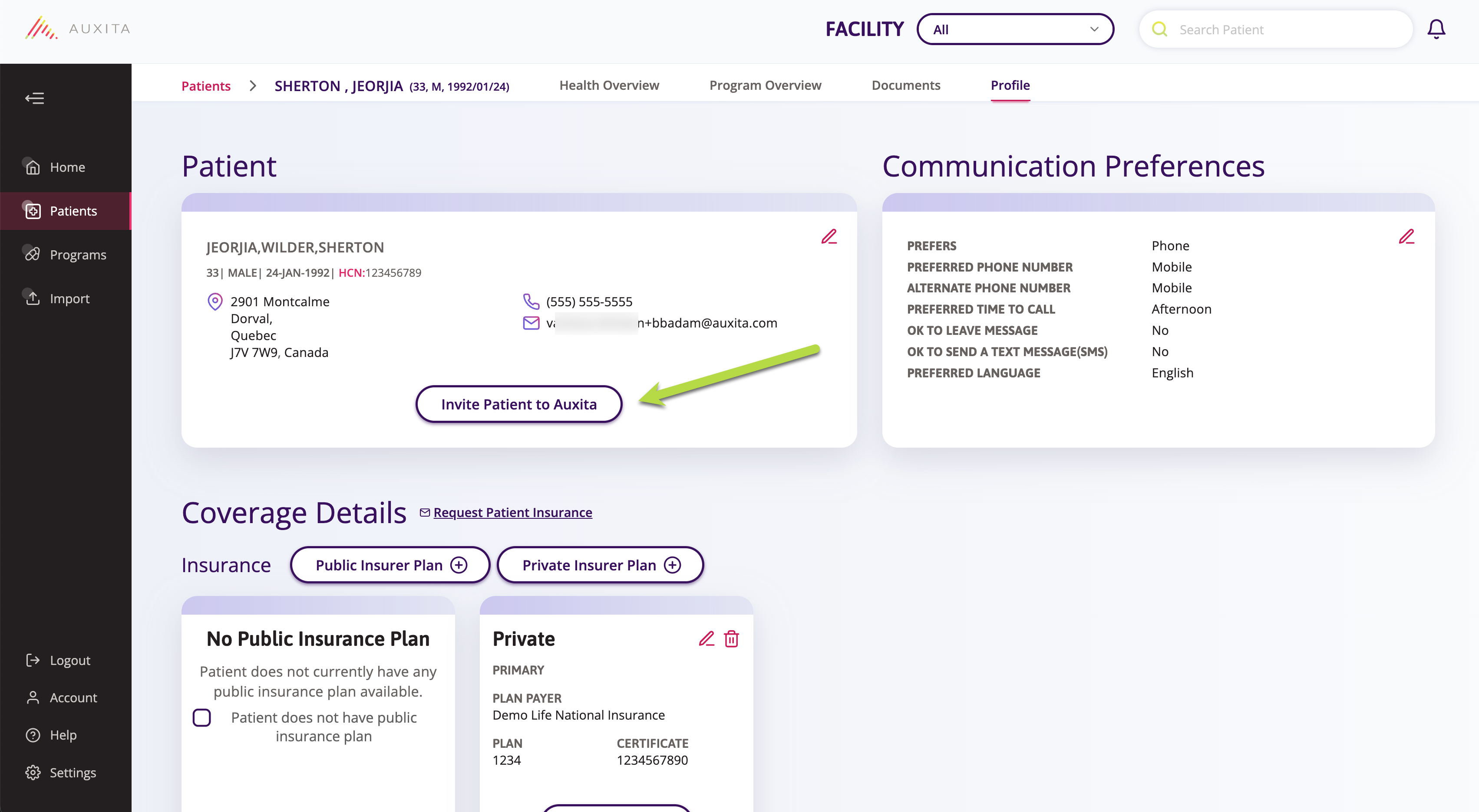 Button directing where to click to invite a patient to Auxita