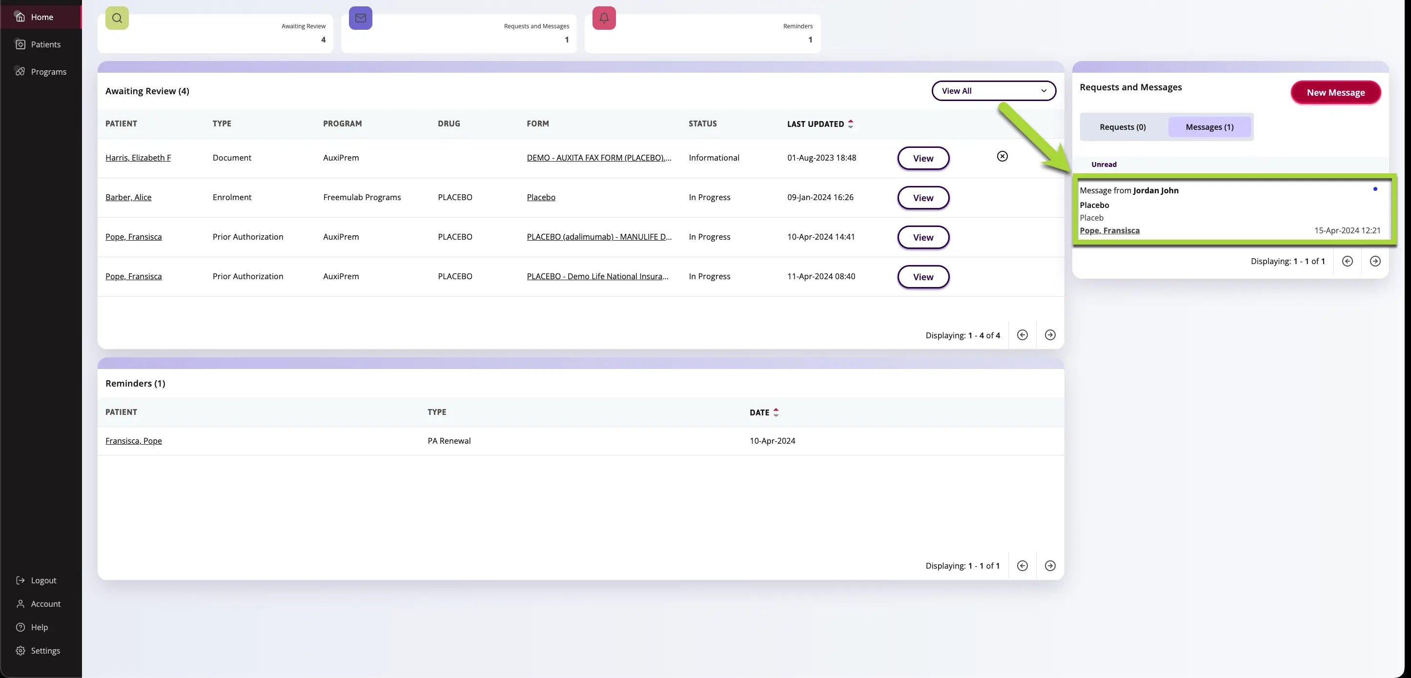 Preview of an unread message, on the home dashboard