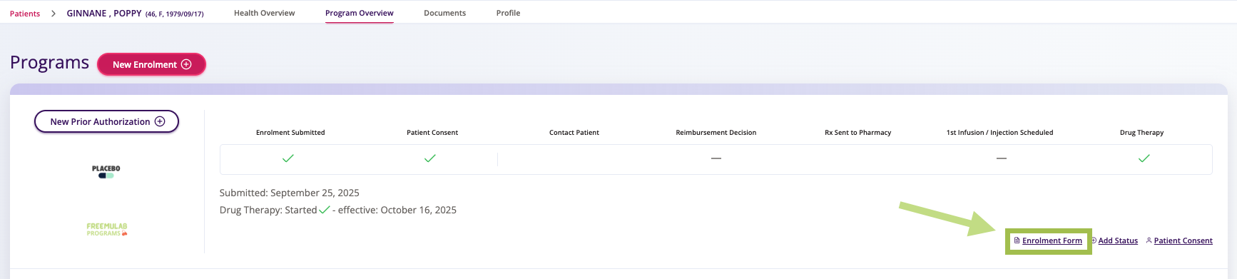 A arrow indicating where to click to open a submitted enrolment from the patients section below the status bar.