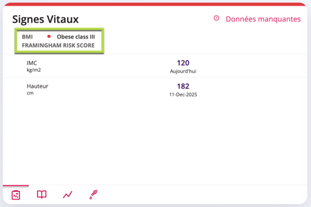 Cette image montre la tuile des signes vitaux avec les données qui ont été ajoutées pour le patient.