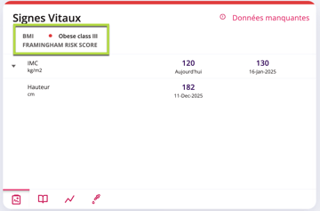 Un cadre vert met en évidence l'endroit où l'IMC du patient est indiqué.Un cadre vert met en évidence l'endroit où l'IMC du patient est indiqué.