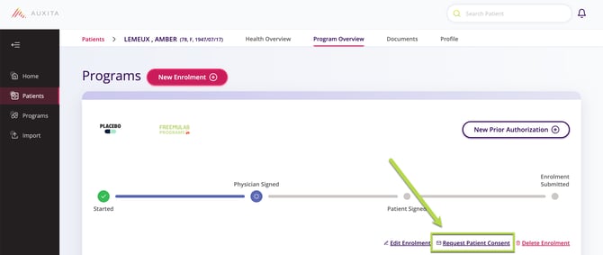 Screenshot showing where to click to request patient consent on a current registration form.