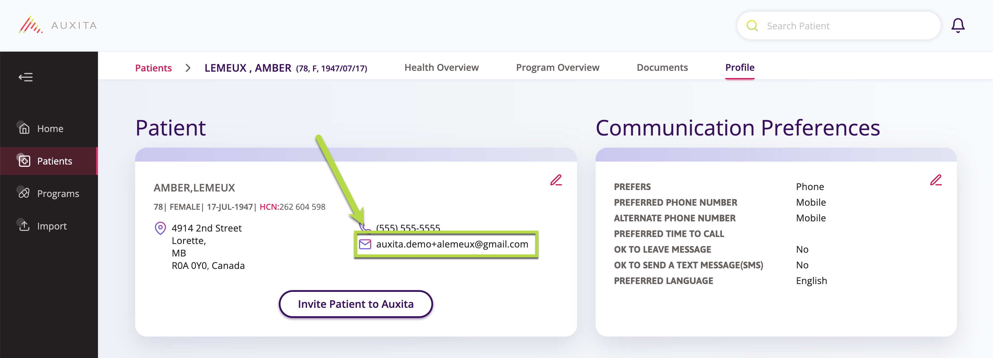 Screenshot showing where to find the patient's e-mail address on the patient profile