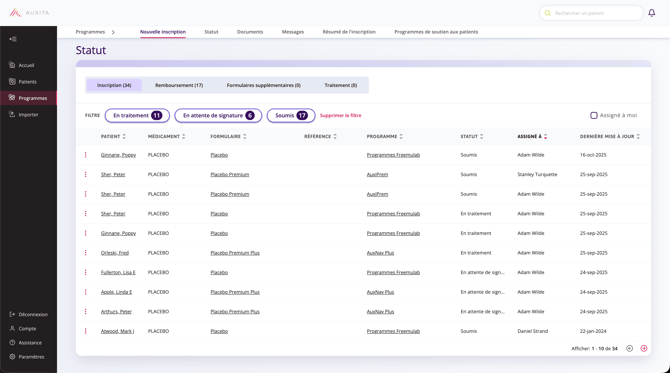 Colonne Patients de la page des programmes qui affiche tous les patients 