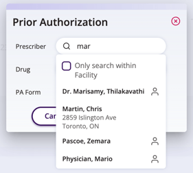Screenshot of prescriber name search for street address ‘Mar’