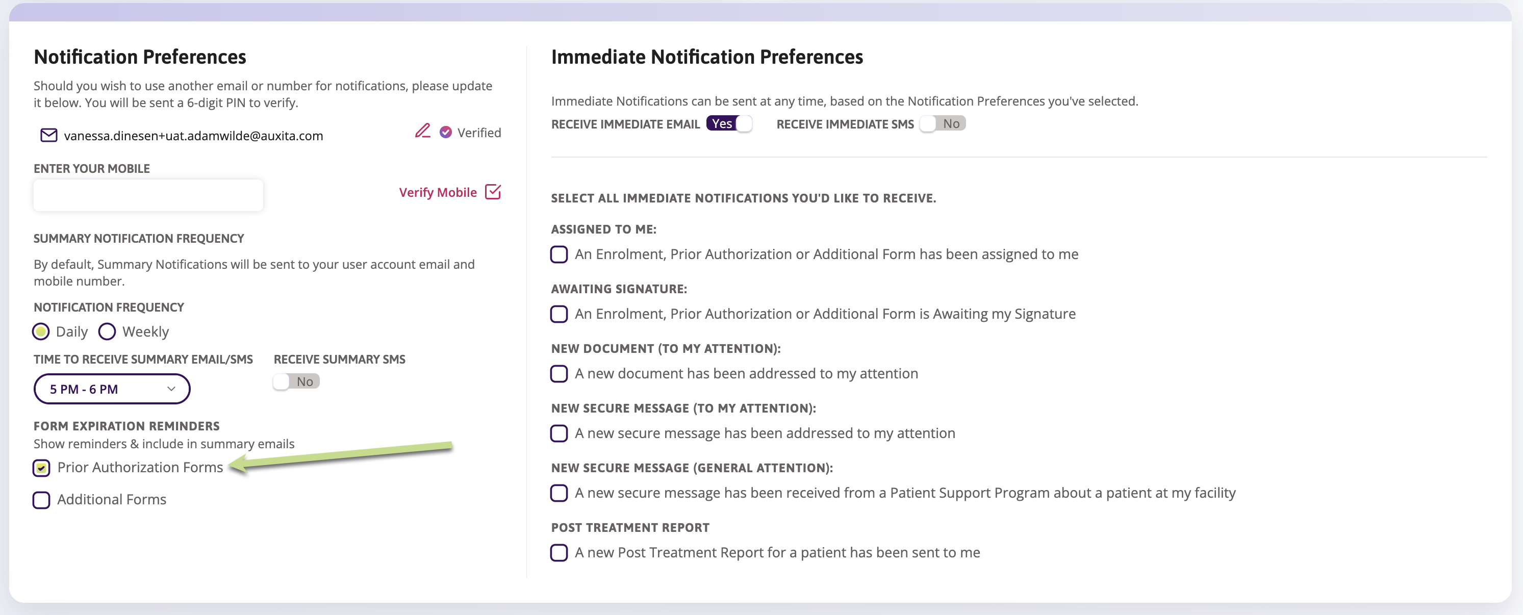 Screenshot showing the notification preferences section and how to opt to include reminders in daily summary emails.