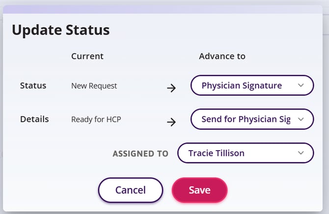 Update Status window with Advance to set.