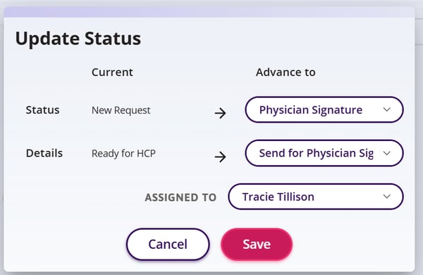 Update Status window with Advance to set.