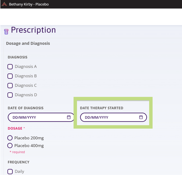 An enrolment form with Date Therapy Started as a fillable field.    