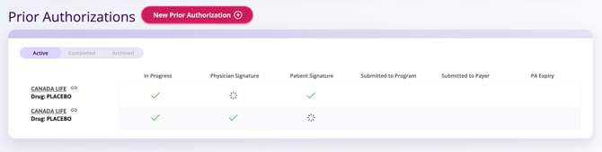 Prior authorization table with a check against Patient signature.