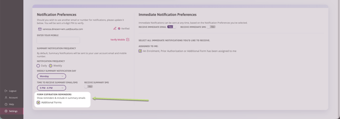 notification preferences page showing options for email reminders, with a green arrow pointing to the 'Form Expiration Reminders' checkbox.