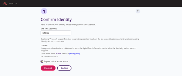 The prompt to confirm the One-time use code with the unique code