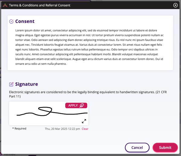 Preview of the terms and conditions for referral consent. User must sign and Submit.