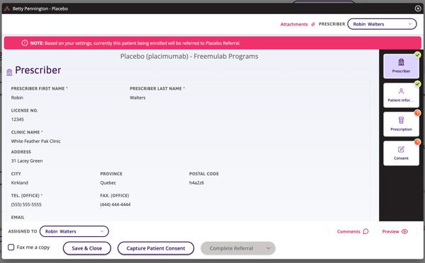 An enrolment form for Freemulab Programs with a note indicating “based on your settings, currently this patient being enrolled will be referred to Placebo Referral”.