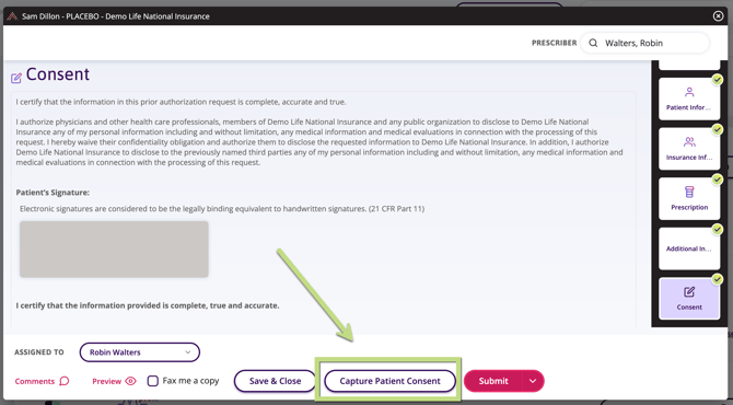 Screenshot of the prior authorization form showing the capture patient consent button.