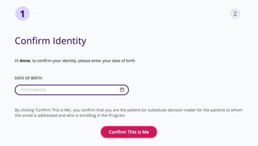 A patient will receive a prompt asking them to confirm their identity by adding their date of birth.