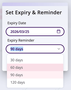 Set expiry and reminders dropdown.