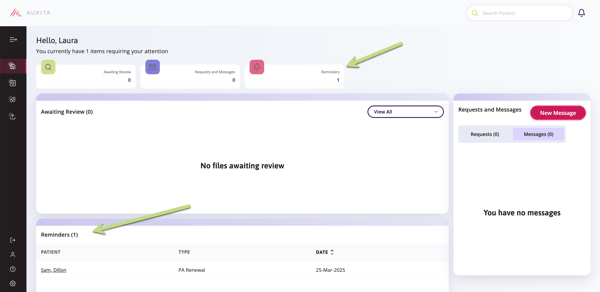 On the home dashboard where to locate the reminders.